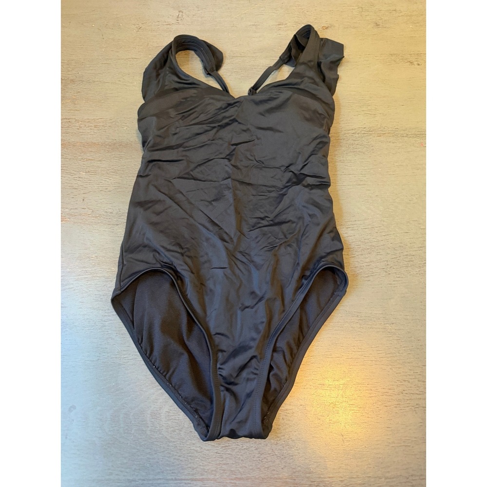 Time and Tru Black Ruffle Shoulder Ruched One Piece Swimsuit Medium 8-10